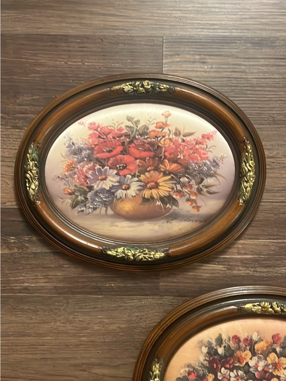 Vintage German Floral Wall Art – Handmade Oval Frames – Pair - Picture 3 of 6